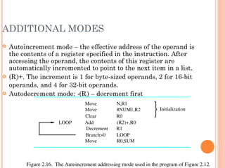 ADDITIONAL MODES
 Autoincrement mode – the effective address of the operand is
the contents of a register specified in the instruction. After
accessing the operand, the contents of this register are
automatically incremented to point to the next item in a list.
 (Ri)+. The increment is 1 for byte-sized operands, 2 for 16-bit
operands, and 4 for 32-bit operands.
 Autodecrement mode: -(Ri) – decrement first
R0Clear
R0,SUM
R1
(R2)+,R0
Figure 2.16.  The Autoincrement addressing mode used in the program of Figure 2.12.
Initialization
Move
LOOP Add
Decrement
LOOP
#NUM1,R2
N,R1Move
Move
Branch>0
 