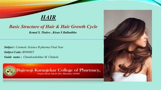 HAIR
Basic Structure of Hair & Hair Growth Cycle
Komal S. Thakre , Kiran S Balbudhhe
Subject : Cosmetic Science B pharma Final Year
Subject Code: BP809ET
Guide name : Chandrashekhar M. Chakole
 