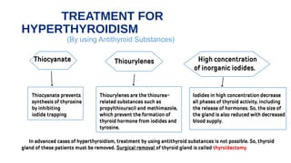 TREATMENT FOR
HYPERTHYROIDISM
(By using Antithyroid Substances)
Thiocyanate Thiourylenes High concentration
of inorganic iodides.
Thiocyanate prevents
synthesis of thyroxine
by inhibiting
iodide trapping
Thiourylenes are the thiourea-
related substances such as
propylthiouracil and methimazole,
which prevent the formation of
thyroid hormone from iodides and
tyrosine.
Iodides in high concentration decrease
all phases of thyroid activity, including
the release of hormones. So, the size of
the gland is also reduced with decreased
blood supply.
In advanced cases of hyperthyroidism, treatment by using antithyroid substances is not possible. So, thyroid
gland of these patients must be removed. Surgical removal of thyroid gland is called thyroidectomy.
 