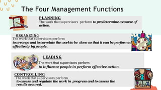The Four Management Functions
PLANNING
The work that supervisors perform topredetermine acourse of
action.
ORGANIZING
The work that supervisors perform
toarrangeandtocorrelate the worktobe done so that it can be performed
effectively by people.
LEADING
CONTROLLING
The work that supervisors perform
to assess and regulate the work in progress and to assess the
results secured.
The work that supervisors perform
to influence people in perform effective action
 