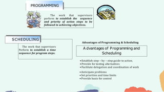 Advantages of Programming & Scheduling
• Establish step – by – step guide to action.
• Provide for testing alternatives
• Facilitate delegation and coordination of work
• Anticipate problems
• Set priorities and time limits
• Provide basis for control
PROGRAMMING
The work that supervisors
perform to establish the sequence
and priority of action steps to be
followed in achieving objectives.
SCHEDULING
The work that supervisors
Perform to establish a time
sequence for program steps.
A dvantages of Programming and
Scheduling
PROGRAMMING
 