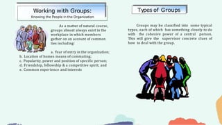As a matter of natural course,
groups almost always exist in the
workplace in which members
gather on an account of common
ties including:
a. Year of entry in the organization;
b. Location of homes means of commuting;
c. Popularity, power and position of specific person;
d. Friendship, fellowship & a competitive spirit; and
e. Common experience and interests
Groups may be classified into some typical
types, each of which has something closely to do
with the cohesive power of a central person.
This will give the supervisor concrete clues of
how to deal with the group.
Working with Groups:
Knowing the People in the Organization
Types of Groups
 