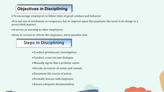 • To encourage employees to follow rules of good conduct and behavior
•It is not one of retribution or vengeance but to impress upon the employee the need to do things in a
prescribed manner.
• It serves as warning to other employees.
•Aims to correct or reform the employee, not to penalize him.
• Conduct preliminary investigation
• Conduct a one-on-one dialogue
• Mutually agree that a problem exists
• Decide on course of action and consult
• Document the course of action
• Formally discuss with employee
• Ensure adequate documentation
Objectives in Disciplining
Steps in Disciplining
 