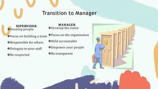 SUPERVISOR
❖Develop people
MANAGER
❖Develop the vision
❖Focus on building a team ❖Focus on the organization
❖Responsible for others ❖Held accountable
❖Delegate to your staff ❖Empower your people
❖Be respected ❖Be transparent
Transition to Manager
 
