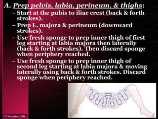A. Prep pelvis, labia, perineum, & thighs:
– Start at the pubis to iliac crest (back & forth
strokes).
– Prep L. majora & perineum (downward
strokes).
– Use fresh sponge to prep inner thigh of first
leg starting at labia majora then laterally
(back & forth strokes). Then discard sponge
when periphery reached.
– Use fresh sponge to prep inner thigh of
second leg starting at labia majora & moving
laterally using back & forth strokes. Discard
sponge when periphery reached.
 