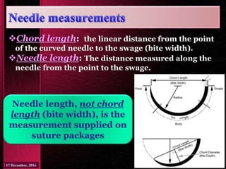 Needle length, not chord
length (bite width), is the
measurement supplied on
suture packages
Chord length: the linear distance from the point
of the curved needle to the swage (bite width).
Needle length: The distance measured along the
needle from the point to the swage.
 