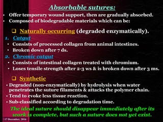 Absorbable sutures:
• Offer temporary wound support, then are gradually absorbed.
• Composed of biodegradable materials which can be:
 Naturally occurring (degraded enzymatically).
1. Catgut
• Consists of processed collagen from animal intestines.
• Broken down after 7 ds.
2. Chromic catgut
• Consists of intestinal collagen treated with chromium.
• Loses tensile strength after 2-3 ws & is broken down after 3 ms.
 Synthetic
• Degraded (non-enzymatically) by hydrolysis when water
penetrates the suture filaments & attacks the polymer chain.
• Tend to evoke less tissue reaction.
• Sub-classified according to degradation time.
The ideal suture should disappear immediately after its
work is complete, but such a suture does not yet exist.
 