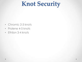 Knot Security


• Chromic 2-3 knots
• Prolene 4-5 knots
• Ethilon 3-4 knots
 