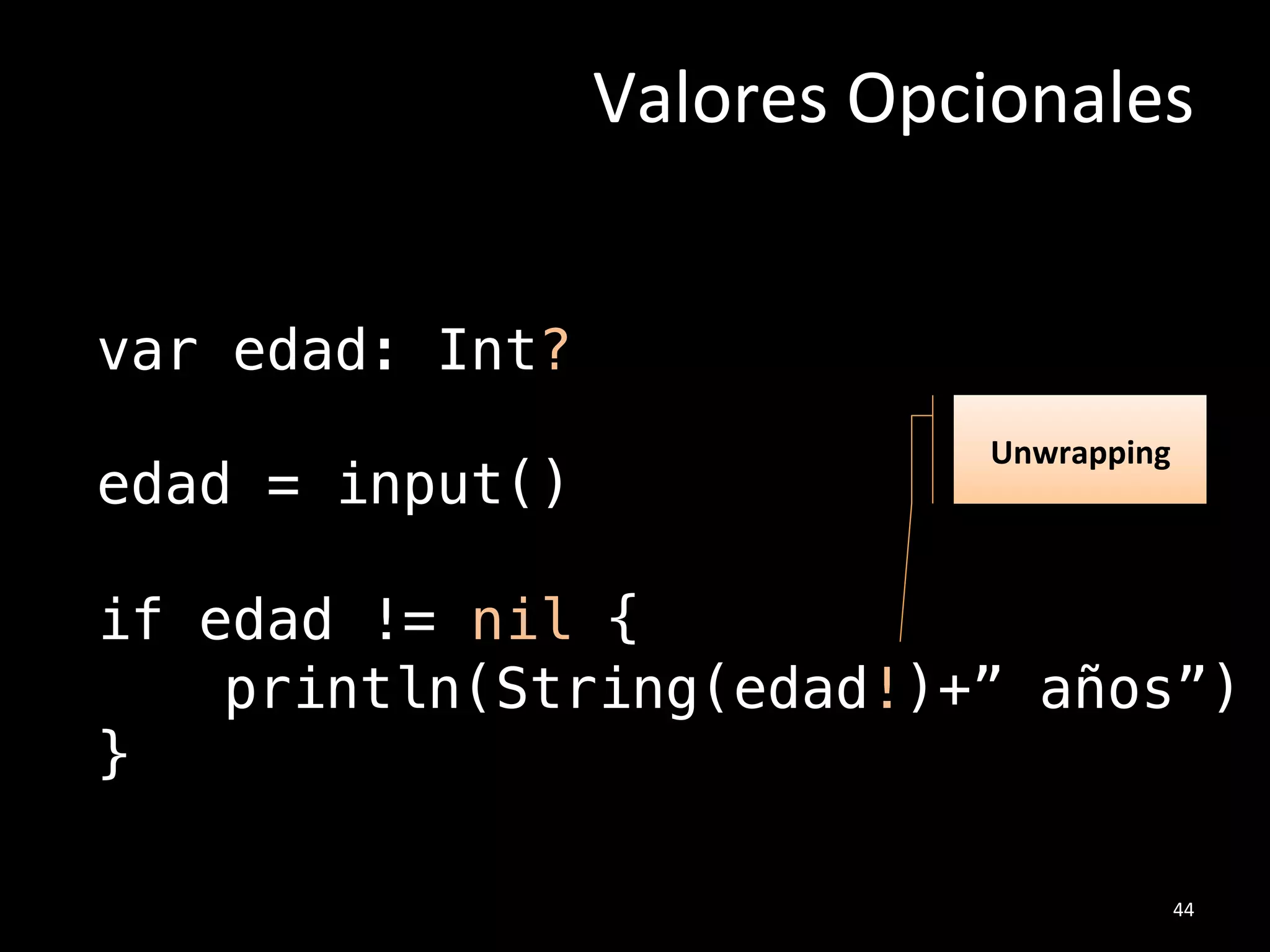 var edad = 20 ✔!
var costo: Double = 1.5 ✔ !
var alias ✗!
var frac: Double ✗!
No&olvides:&
1)  Inicializar&variable&con&un&valor&
2)  Opcional:&escribir&su&/po&de&dato&
Tipos#de#Datos#
25#
 