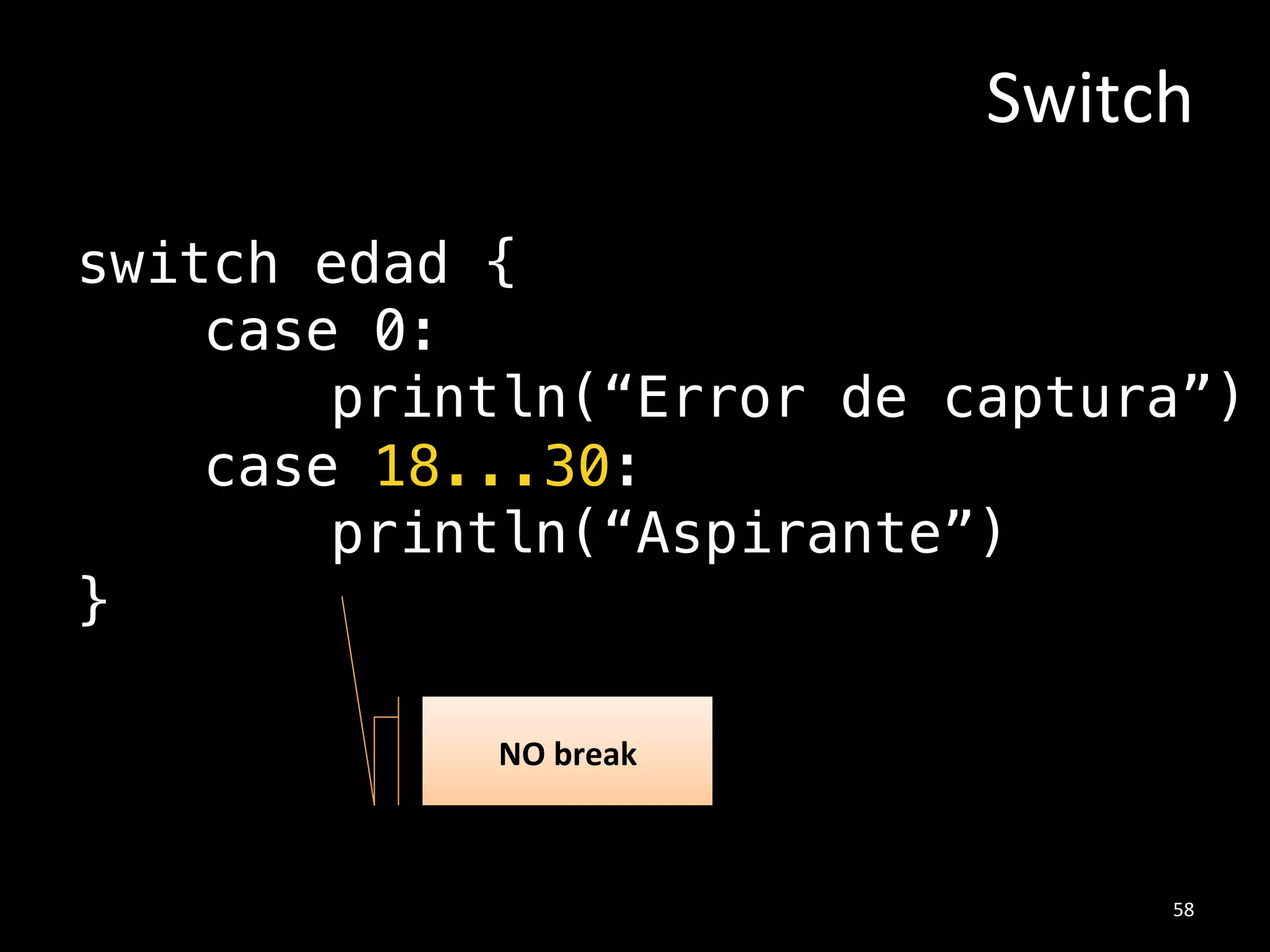 Números#Mágicos#
var edad: Int!
!
edad = input()!
!
if (edad != -1) {!
println(“Tiene ”+edad+” años”)!
}!
!
NULL,%0,%nil,%+1,%INT_MAX,%etc.%
39#
 