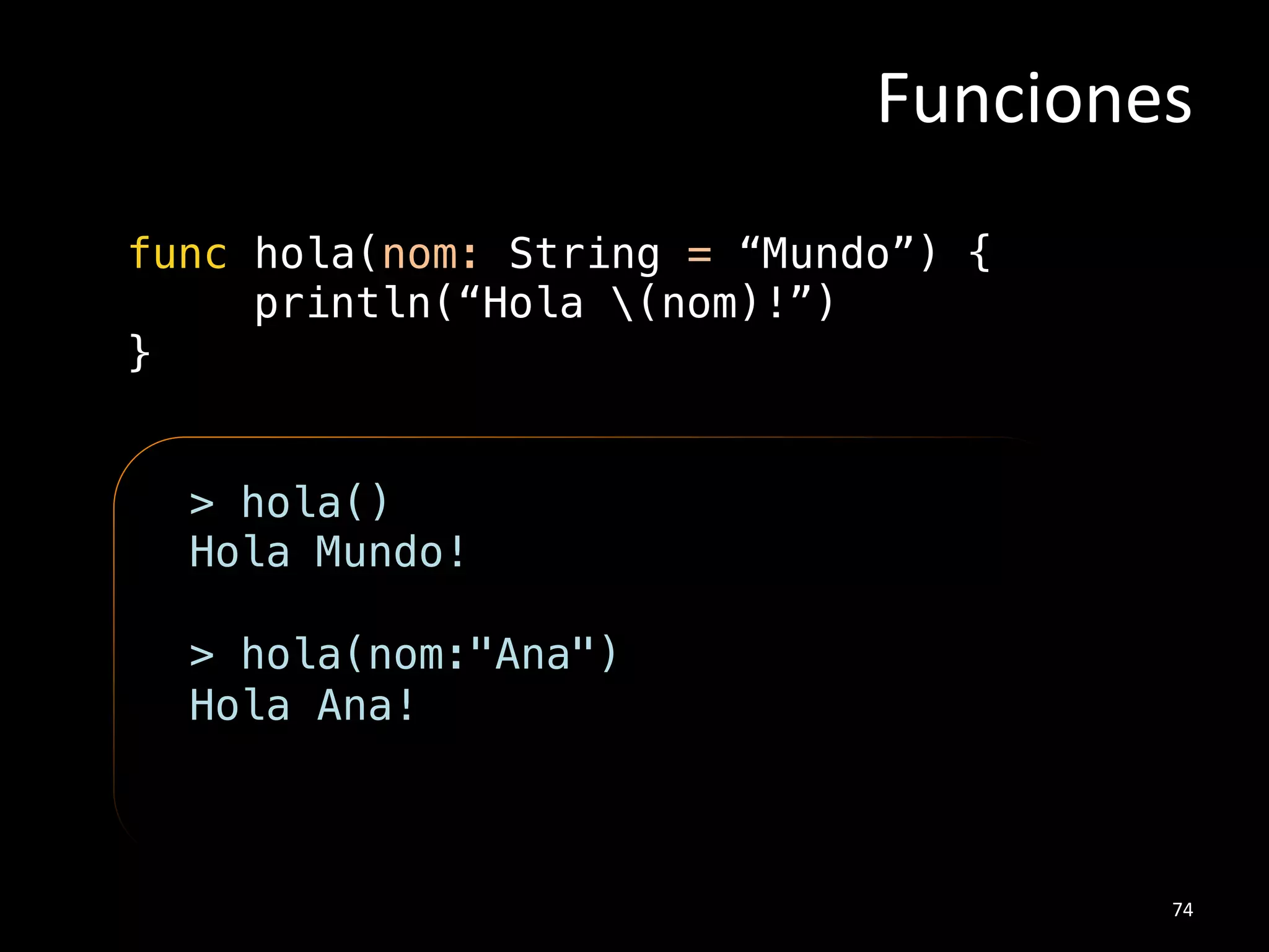 Unwrapping#an#OpJonal#
var edad: Int?!
!
edad = input()!
!
if let tmp = edad {!
println(“(12*tmp) meses”)!
}!
!
56#
NO%CAST%
 
