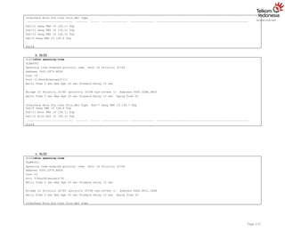 Interface Role Sts Cost Prio.Nbr Type
Fa0/11 Desg FWD 19 128.11 P2p
Fa0/12 Desg FWD 19 128.12 P2p
Fa0/10 Desg FWD 19 128.10 P2p
Fa0/9 Desg FWD 19 128.9 P2p
DLS1#
b. DLS2
DLS2#show spanning-tree
VLAN0001
Spanning tree enabled protocol ieee Root ID Priority 32769
Address 000C.CF75.B926
Cost 19
Port 11(FastEthernet0/11)
Hello Time 2 sec Max Age 20 sec Forward Delay 15 sec
Bridge ID Priority 32769 (priority 32768 sys-id-ext 1) Address 0060.5CAA.5A03
Hello Time 2 sec Max Age 20 sec Forward Delay 15 sec Aging Time 20
Interface Role Sts Cost Prio.Nbr Type Fa0/7 Desg FWD 19 128.7 P2p
Fa0/8 Desg FWD 19 128.8 P2p
Fa0/11 Root FWD 19 128.11 P2p
Fa0/12 Altn BLK 19 128.12 P2p
DLS2#
Page 137
c. ALS2
ALS2#show spanning-tree
VLAN0001
Spanning tree enabled protocol ieee Root ID Priority 32769
Address 000C.CF75.B926
Cost 19
Port 9(FastEthernet0/9)
Hello Time 2 sec Max Age 20 sec Forward Delay 15 sec
Bridge ID Priority 32769 (priority 32768 sys-id-ext 1) Address 00E0.8F21.2D8B
Hello Time 2 sec Max Age 20 sec Forward Delay 15 sec Aging Time 20
Interface Role Sts Cost Prio.Nbr Type
 