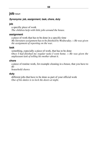 59
job noun
Synonyms: job, assignment, task, chore, duty
job
a specific piece of work
The children help with little jobs around the house.
assignment
a piece of work that has to be done in a specific time
My literature assignment has to be finished by Wednesday. 쑗 He was given
the assignment of reporting on the war.
task
something, especially a piece of work, that has to be done
Once I had finished my regular tasks I went home. 쑗 He was given the
unpleasant task of telling his mother about it.
chore
a piece of routine work, for example cleaning in a house, that you have to
do
household chores
duty
different jobs that have to be done as part of your official work
One of his duties is to lock the doors at night.
BasicSyns.fm Page 59 Tuesday, January 20, 2004 1:26 PM
 