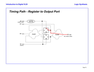 Logic Synthesis
Page 78
Introduction to Digital VLSI
Timing Path - Register to Output Port
d q
c
d q
c
clk
in1
in2
out
rst
rst
rst
(async)
Comb1 Comb2
set_output_delay
create_clock
possible
clock tree
 