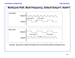 Logic Synthesis
Page 96
Introduction to Digital VLSI
Multicycle Path, Multi Frequency, Default Setup=1, Hold=1
endpoint
startpoint
setup relation hold relation
endpoint
startpoint
setup relation hold relation
Fast to Slow
Slow to Fast
By default - setup timing is related to the Endpoint clock and hold timing related to the Startpoint clock
 