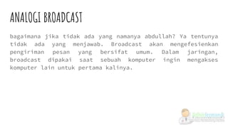 ANALOGI BROADCAST
bagaimana jika tidak ada yang namanya abdullah? Ya tentunya
tidak ada yang menjawab. Broadcast akan mengefesienkan
pengiriman pesan yang bersifat umum. Dalam jaringan,
broadcast dipakai saat sebuah komputer ingin mengakses
komputer lain untuk pertama kalinya.
 