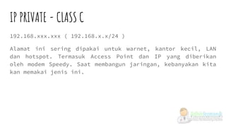IP PRIVATE - CLASS C
192.168.xxx.xxx ( 192.168.x.x/24 )
Alamat ini sering dipakai untuk warnet, kantor kecil, LAN
dan hotspot. Termasuk Access Point dan IP yang diberikan
oleh modem Speedy. Saat membangun jaringan, kebanyakan kita
kan memakai jenis ini.
 