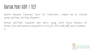 Daftar Port UDP / TCP
masih banyak lananan lain di internet, namun ke 6 itulah
yang paling sering dipakai.
Untuk melihat layanan dan port yang lain bisa dibaca di
http://en.wikipedia.org/wiki/List_of_TCP_and_UDP_port_number
s.
 