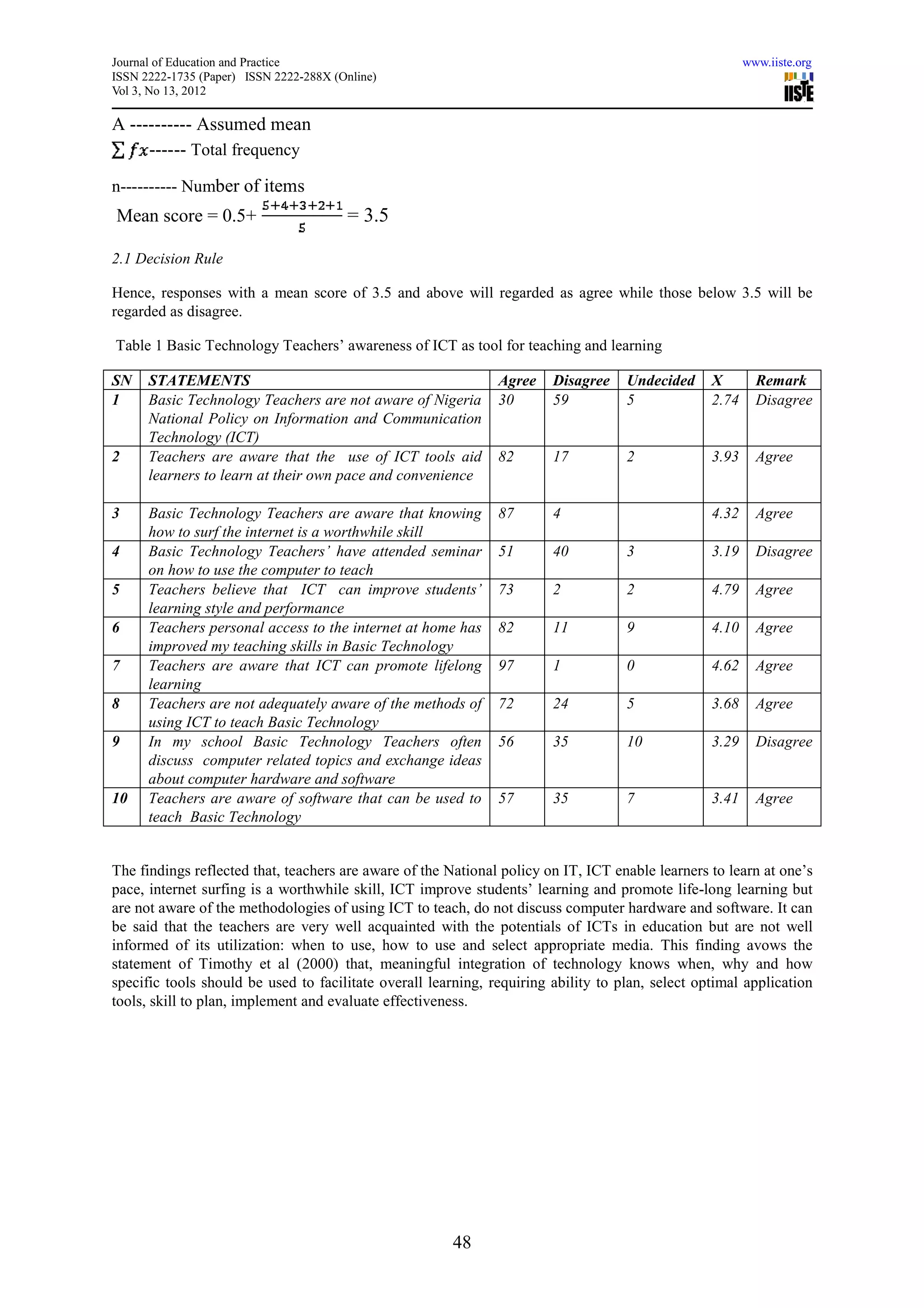 Journal of Education and Practice                                                                        www.iiste.org
ISSN 2222-1735 (Paper) ISSN 2222-288X (Online)
Vol 3, No 13, 2012

A ---------- Assumed mean
     ------ Total frequency
n---------- Number of items
Mean score = 0.5+                       = 3.5

2.1 Decision Rule

Hence, responses with a mean score of 3.5 and above will regarded as agree while those below 3.5 will be
regarded as disagree.

Table 1 Basic Technology Teachers’ awareness of ICT as tool for teaching and learning

SN    STATEMENTS                                               Agree    Disagree    Undecided     X        Remark
1     Basic Technology Teachers are not aware of Nigeria       30       59          5             2.74     Disagree
      National Policy on Information and Communication
      Technology (ICT)
2     Teachers are aware that the use of ICT tools aid         82       17          2             3.93     Agree
      learners to learn at their own pace and convenience

3     Basic Technology Teachers are aware that knowing         87       4                         4.32     Agree
      how to surf the internet is a worthwhile skill
4     Basic Technology Teachers’ have attended seminar         51       40          3             3.19     Disagree
      on how to use the computer to teach
5     Teachers believe that ICT can improve students’          73       2           2             4.79     Agree
      learning style and performance
6     Teachers personal access to the internet at home has     82       11          9             4.10     Agree
      improved my teaching skills in Basic Technology
7     Teachers are aware that ICT can promote lifelong         97       1           0             4.62     Agree
      learning
8     Teachers are not adequately aware of the methods of      72       24          5             3.68     Agree
      using ICT to teach Basic Technology
9     In my school Basic Technology Teachers often             56       35          10            3.29     Disagree
      discuss computer related topics and exchange ideas
      about computer hardware and software
10    Teachers are aware of software that can be used to       57       35          7             3.41     Agree
      teach Basic Technology


The findings reflected that, teachers are aware of the National policy on IT, ICT enable learners to learn at one’s
pace, internet surfing is a worthwhile skill, ICT improve students’ learning and promote life-long learning but
are not aware of the methodologies of using ICT to teach, do not discuss computer hardware and software. It can
be said that the teachers are very well acquainted with the potentials of ICTs in education but are not well
informed of its utilization: when to use, how to use and select appropriate media. This finding avows the
statement of Timothy et al (2000) that, meaningful integration of technology knows when, why and how
specific tools should be used to facilitate overall learning, requiring ability to plan, select optimal application
tools, skill to plan, implement and evaluate effectiveness.




                                                       48
 
