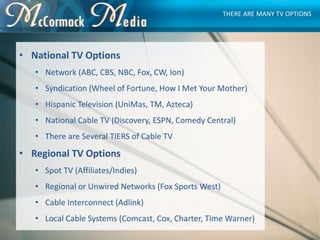 • National TV Options
• Network (ABC, CBS, NBC, Fox, CW, Ion)
• Syndication (Wheel of Fortune, How I Met Your Mother)
• Hi...