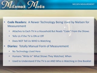 • Code Readers: A Newer Technology Being Used by Nielsen for
Measurement
• Attaches to Each TV in a Household But Reads “C...