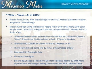 • **Now – *New – As of 2015!
• Nielsen Announced a New Methodology for These 31 Markets Called the “Viewer
Assignment” Met...