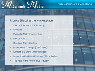 • Factors Effecting the Marketplace
• Economic Downturn or Upswing
• Olympics
• Politicals (Major Election Year)
• Proposi...
