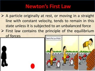 Newton’s First Law
Shaik Nayeem 11
 A particle originally at rest, or moving in a straight
line with constant velocity, tends to remain in this
state unless it is subjected to an unbalanced force
 First law contains the principle of the equilibrium
of forces
 