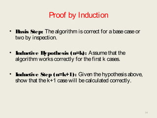 Proof by Induction
• Basis Step: Thealgorithm iscorrect for abasecaseor
two by inspection.
• Inductive Hypothesis (n=k): Assumethat the
algorithm workscorrectly for thefirst k cases.
• Inductive Step (n=k+1): Given thehypothesisabove,
show that thek+1 casewill becalculated correctly.
14
 