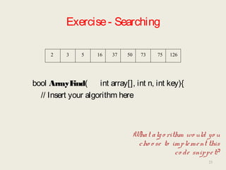 Exercise- Searching
bool ArrayFind( int array[], int n, int key){
// Insert your algorithm here
2 3 5 16 37 50 73 75 126
What algo rithm wo uld yo u
cho o se to implement this
co de snippet?
23
 