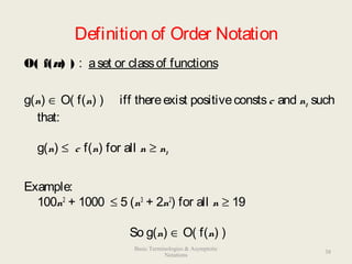 Definition of Order Notation
O( f(n) ) : aset or classof functions
g(n) ∈ O( f(n) ) iff thereexist positiveconstsc and n0 such
that:
g(n) ≤ c f(n) for all n ≥ n0
Example:
100n2
+ 1000 ≤ 5 (n3
+ 2n2
) for all n ≥ 19
So g(n) ∈ O( f(n) )
38
Basic Terminologies & Asymptotic
Notations
 