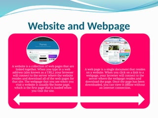 Website and Webpage
A website is a collection of web pages that are
linked together. When you type in a web
address (also known as a URL), your browser
will connect to the server where the website
resides and download all of the web pages for
that site. The webpage that you see when you
visit a website is usually the home page,
which is the first page that is loaded when
you visit the site.
A web page is a single document that resides
on a website. When you click on a link to a
webpage, your browser will connect to the
server where the webpage resides and
download the page. Once the page has been
downloaded, you can view it offline without
an internet connection.
 