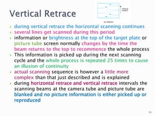  during vertical retrace the horizontal scanning continues
 several lines get scanned during this period
 information or brightness at the top of the target plate or
picture tube screen normally changes by the time the
beam returns to the top to recommence the whole process
 This information is picked up during the next scanning
cycle and the whole process is repeated 25 times to cause
an illusion of continuity
 actual scanning sequence is however a little more
complex than that just described and is explained
 during horizontal retrace and vertical retrace intervals the
scanning beams at the camera tube and picture tube are
blanked and no picture information is either picked up or
reproduced
13
 