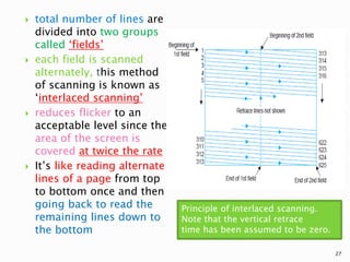  total number of lines are
divided into two groups
called ‘fields’
 each field is scanned
alternately, this method
of scanning is known as
‘interlaced scanning’
 reduces flicker to an
acceptable level since the
area of the screen is
covered at twice the rate
 It’s like reading alternate
lines of a page from top
to bottom once and then
going back to read the
remaining lines down to
the bottom
Principle of interlaced scanning.
Note that the vertical retrace
time has been assumed to be zero.
27
 