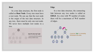 Root
In a tree data structure, the first node is
called as Root Node. Every tree must have
a root node. We can say that the root node
is the origin of the tree data structure. In
any tree, there must be only one root node.
We never have multiple root nodes in a
tree.
Edge
In a tree data structure, the connecting
link between any two nodes is called as
EDGE. In a tree with 'N' number of nodes
there will be a maximum of 'N-1' number
of edges.
 