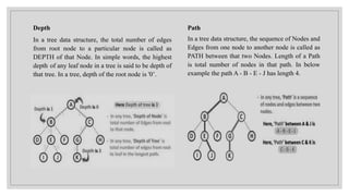 Depth
In a tree data structure, the total number of edges
from root node to a particular node is called as
DEPTH of that Node. In simple words, the highest
depth of any leaf node in a tree is said to be depth of
that tree. In a tree, depth of the root node is '0’.
Path
In a tree data structure, the sequence of Nodes and
Edges from one node to another node is called as
PATH between that two Nodes. Length of a Path
is total number of nodes in that path. In below
example the path A - B - E - J has length 4.
 
