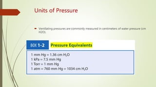 Units of Pressure
 Ventilating pressures are commonly measured in centimeters of water pressure (cm
H2O).
 