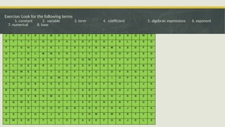 Exercise: Look for the following terms
1. constant 2. variable 3. term 4. coefficient 5. algebraic expressions 6. exponent
7. numerical 8. base
J K C V B N M K J H G F D S A S D Q W E
R T Y Y U N O P A S D F G H J K L A S D
F F G H J U K L Z X C V B N M A S D F G
H H J K L M W E R C T Y U I O O P A S D
V C V B A E D F G O Q W E R T Y U C C V
A L G E B R A I C E X P R E S S I O N S
R Q W E R I Y U U F T Y U I O P S N F G
I G H J K C Q W E F R T Y U I O P S A S
A D F G B A S E A I A S D F G H J T J K
B Q W E R L Y U I C A S D F G H J A C V
L X C V B N M A S I S D F G H J K N Z X
E Q W E R T Y U I E X P O N E N T T U I
R T Y U I O O P Q N A S D F G H J K L A
A S D F G H J K L T E R M S W E R T Y U
Q W E R T Y U I O P A S D F G H J K L Z
 