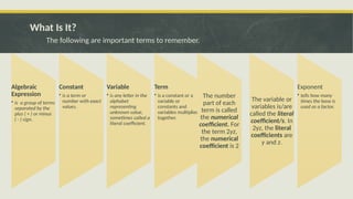 What Is It?
The following are important terms to remember.
Algebraic
Expression
• is a group of terms
separated by the
plus ( + ) or minus
( - ) sign.
Constant
• is a term or
number with exact
values.
Variable
• is any letter in the
alphabet
representing
unknown value,
sometimes called a
literal coefficient.
Term
• is a constant or a
variable or
constants and
variables multiplied
together.
The number
part of each
term is called
the numerical
coefficient. For
the term 2yz,
the numerical
coefficient is 2
The variable or
variables is/are
called the literal
coefficient/s. In
2yz, the literal
coefficients are
y and z.
Exponent
• tells how many
times the base is
used as a factor.
 