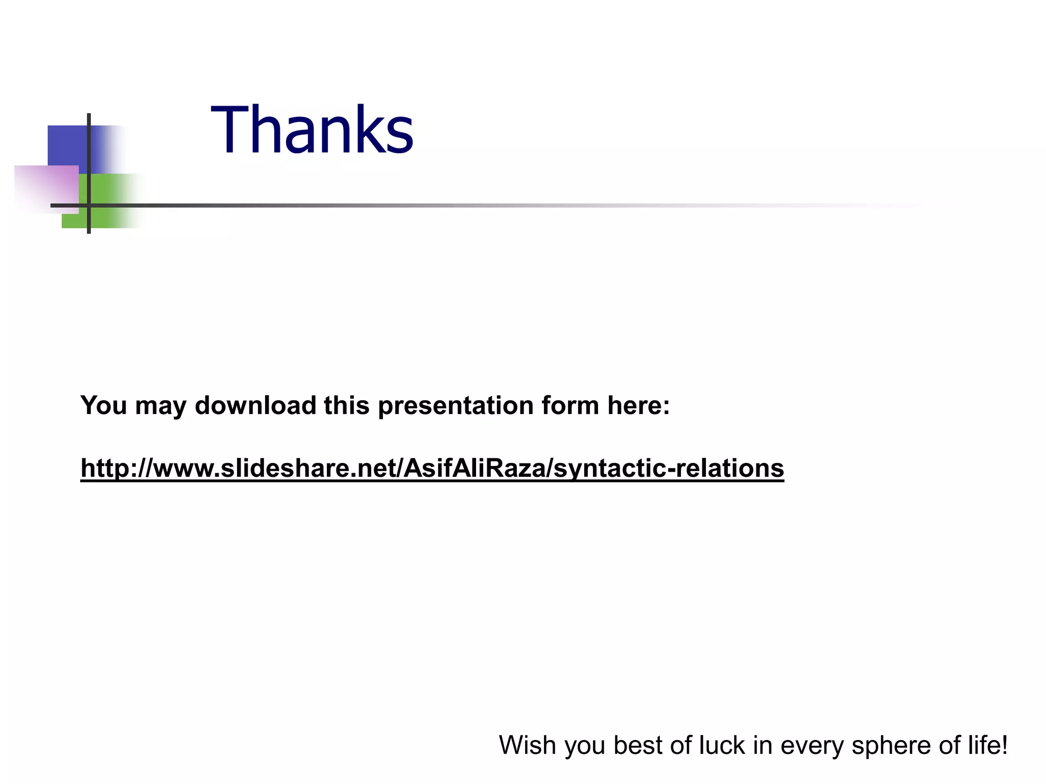 Thanks
Wish you best of luck in every sphere of life!
You may download this presentation form here:
http://www.slideshare.net/AsifAliRaza/syntactic-relations
 