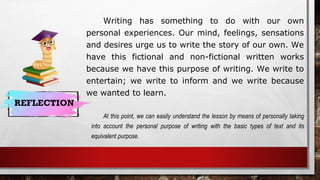 Writing has something to do with our own
personal experiences. Our mind, feelings, sensations
and desires urge us to write the story of our own. We
have this fictional and non-fictional written works
because we have this purpose of writing. We write to
entertain; we write to inform and we write because
we wanted to learn.
At this point, we can easily understand the lesson by means of personally taking
into account the personal purpose of writing with the basic types of text and its
equivalent purpose.
REFLECTION
 