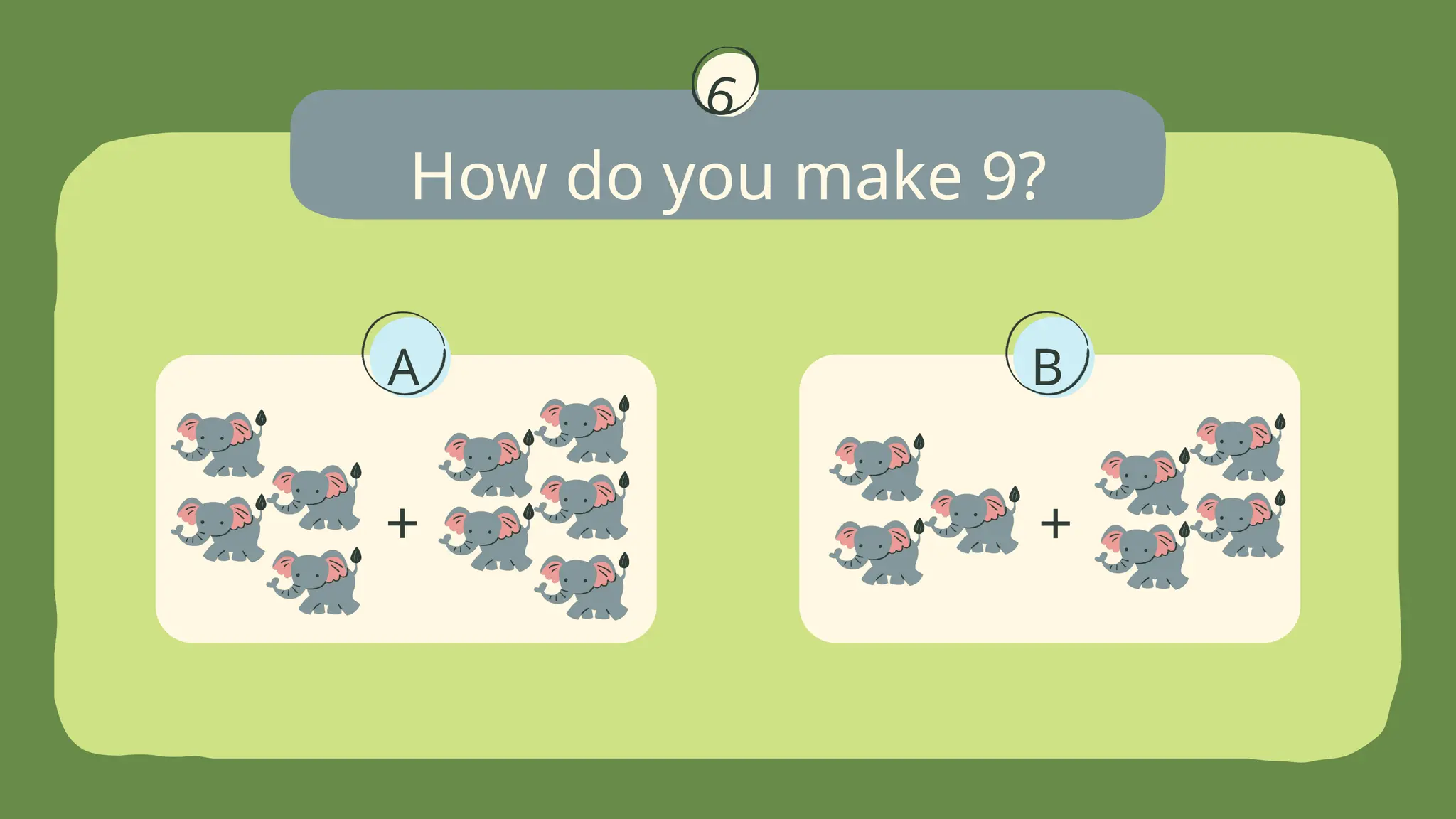 A B
+ +
How do you make 9?
6
 