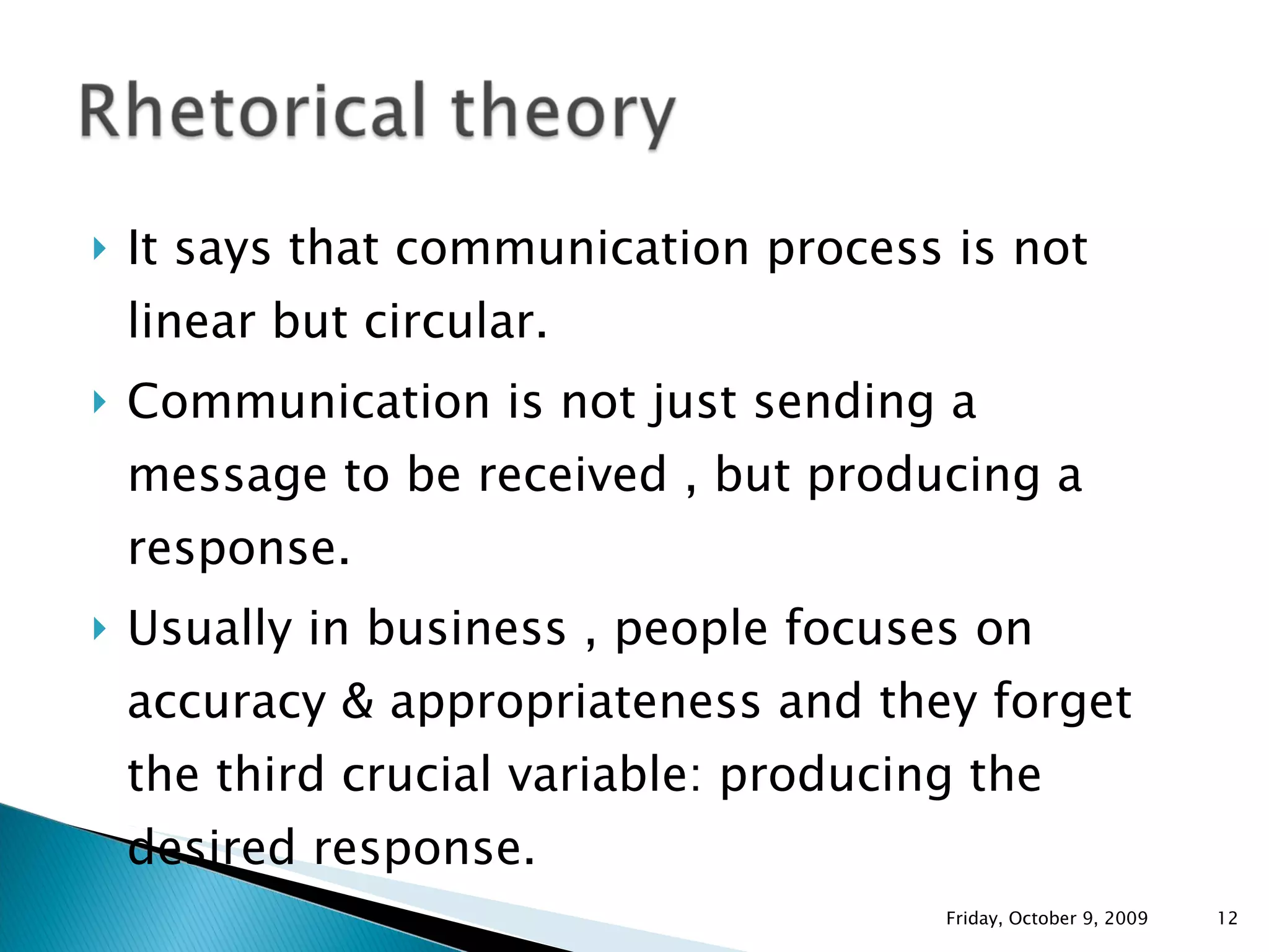 It says that communication process is not linear but circular. Communication is not just sending a message to be received , but producing a response. Usually in business , people focuses on accuracy & appropriateness and they forget the third crucial variable: producing the desired response. Friday, October 9, 2009 