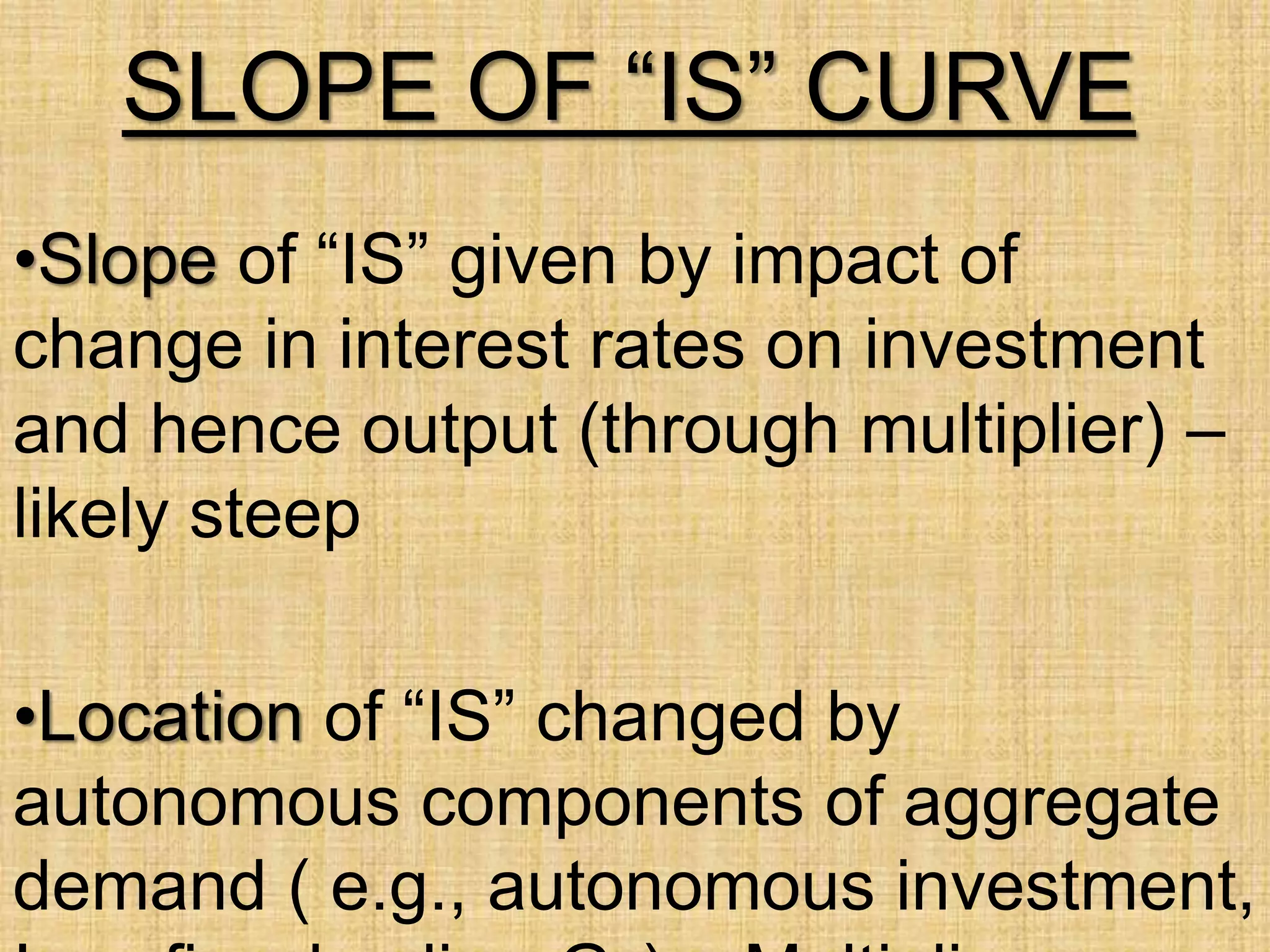 SLOPE OF “IS” CURVE
•Slope of “IS” given by impact of
change in interest rates on investment
and hence output (through multiplier) –
likely steep
•Location of “IS” changed by
autonomous components of aggregate
demand ( e.g., autonomous investment,
 