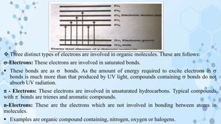  Three distinct types of electrons are involved in organic molecules. These are follows:
-Electrons: These electrons are involved in saturated bonds.
 These bonds are as  bonds. As the amount of energy required to excite electrons in 
bonds is much more than that produced by UV light, compounds containing  bonds do not
absorb UV radiation.
 - Electrons: These electrons are involved in unsaturated hydrocarbons. Typical compounds
with  bonds are trienes and aromatic compounds.
n-Electrons: These are the electrons which are not involved in bonding between atoms in
molecules.
 Examples are organic compound containing, nitrogen, oxygen or halogens.
 