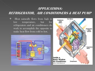     Heat naturally flows from high to
    low      temperature,     but      for
    refrigerators and air conditioners do
    work to accomplish the opposite to
    make heat flow from cold to hot.
 