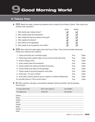 UNIT 9 • Video Worksheet VW25
It Takes Two
Good Morning World
9
A Watch the video. Answer the questions with a check (✓) for Anita or Carlos. Then check your
answers with a partner’s.
Anita Carlos
1. Who hardly ever makes dinner?
2. Who usually does the housework?
3. Who makes the bed and cleans the house?
4. Who washes the dishes?
5. Who takes out the garbage?
6. Who needs to do housework more often?
❏ ❏
❏ ❏
❏ ❏
❏ ❏
❏ ❏
❏ ❏
B Now watch the video again and circle True or False. Then correct the false sentences.
Check your answers with a partner.
1. Carlos and Anita are a married couple.
2. Carlos says that a perfect date is to go to the movies with Anita.
3. Anita is always home.
4. Anita usually does the housework.
5. Carlos washes the dishes and does the laundry.
6. Carlos hardly ever takes out the garbage.
7. Carlos needs to do the housework more often.
8. Anita says, “I’m sorry, Carlos”.
9. Anita asks if Carlos wants to go on a date to La Paloma Restaurant.
10. Jay tells Carlos to “Pick up the check.”
True False
True False
True False
True False
True False
True False
True False
True False
True False
True False
C With a partner, role-play a conversation between Carlos and Anita. Use the phrases
from the box.
I’m sorry about that. Don’t worry about it. No problem.
I’m really sorry. That’s OK. No worries.
Carlos:
Anita:
Carlos:
Anita:
Carlos:
Anita:
Carlos:
Anita:
 