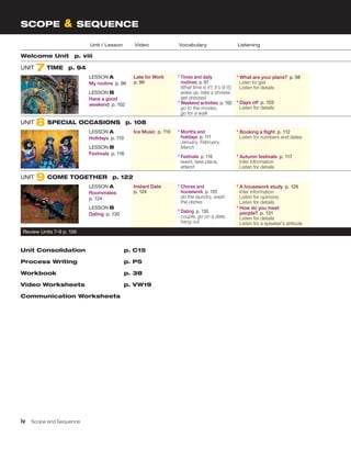 Unit / Lesson Video Vocabulary Listening
Welcome Unit  p. viii
UNIT 7 TIME  p. 94
LESSON A
My routine  p. 96
LESSON B
Have a good
weekend  p. 102
Late for Work  
p. 96
* 
Times and daily
routines  p. 97
What time is it?, It’s 9:15;
wake up, take a shower,
get dressed
* Weekend activities  p. 102
go to the movies,
go for a walk
* 
What are your plans?  p. 98
Listen for gist
Listen for details
* 
Days off  p. 103
Listen for details
UNIT 8 SPECIAL OCCASIONS  p. 108
LESSON A
Holidays  p. 110
LESSON B
Festivals  p. 116
Ice Music  p. 110 * 
Months and
holidays  p. 111
January, February,
March
* Festivals  p. 116
event, take place,
attend
* 
Booking a flight  p. 112
Listen for numbers and dates
* 
Autumn festivals  p. 117
Infer information
Listen for details
UNIT 9 COME TOGETHER  p. 122
LESSON A
Roommates 
p. 124
LESSON B
Dating  p. 130
Instant Date 
p. 124
* 
Chores and
housework  p. 125
do the laundry, wash
the dishes
* Dating  p. 130
couple, go on a date,
hang out
* 
A housework study  p. 126
Infer information
Listen for opinions
Listen for details
* 
How do you meet
people?  p. 131
Listen for details
Listen for a speaker’s attitude
Review Units 7–9 p. 136
Unit Consolidation	 p. C15
Process Writing 	 p. P5
Workbook 	 p. 38
Video Worksheets 	 p. VW19
Communication Worksheets
iv  Scope and Sequence
SCOPE  SEQUENCE
 