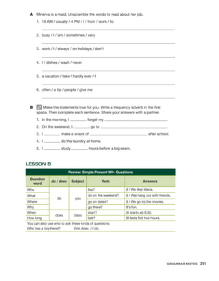 A	 Minerva is a maid. Unscramble the words to read about her job.
1.	 10 AM / usually / 4 PM / I / from / work / to
	  .
2.	 busy / I / am / sometimes / very
	  .
3.	 work / I / always / on holidays / don’t
	  .
4.	 I / dishes / wash / never
	  .
5.	 a vacation / take / hardly ever / I
	  .
6.	 often / a tip / people / give me
	  .
B	 Make the statements true for you. Write a frequency adverb in the first
space. Then complete each sentence. Share your answers with a partner.
1.	 In the morning, I forget my .
2.	 On the weekend, I go to .
3.	I make a snack of after school.
4.	I do the laundry at home.
5.	I study hours before a big exam.
LESSON B
Review: Simple Present Wh- Questions
Question
word
do / does Subject Verb Answers
Who
do you
like? (I / We like) Maria.
What do on the weekend? (I / We) hang out with friends.
Where go on dates? (I / We go to) the movies.
Why go there? It’s fun.
When
does class
start? (It starts at) 9:30.
How long last? (It lasts for) two hours.
You can also use who to ask these kinds of questions:
Who has a boyfriend?     Erin does. / I do.
Grammar Notes  211
 