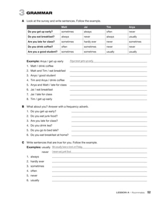 LESSON A • Roommates  52
Example: Anya / get up early	 Anya never gets up early.
1.	 Matt / drink coffee	
2.	 Matt and Tim / eat breakfast	
3.	 Anya / good student	
4.	 Tim and Anya / drink coffee	
5.	 Anya and Matt / late for class	
6.	 Jai / eat breakfast	
7.	 Jai / late for class	
8.	 Tim / get up early	
B	 What about you? Answer with a frequency adverb.
1.	 Do you get up early?	
2.	 Do you eat junk food?	
3.	 Are you late for class?	
4.	 Do you drink tea?	
5.	 Do you go to bed late?	
6.	 Do you eat breakfast at home?	
C	 Write sentences that are true for you. Follow the example.
Examples: usually	 We usually have a test on Friday.
never	 I never eat junk food.
1.	 always	
2.	 hardly ever	
3.	 sometimes	
4.	 often	
5.	 never	
6.	usually	
3  GRAMMAR
A	 Look at the survey and write sentences. Follow the example.
Matt Jai Tim Anya
Do you get up early? sometimes always often never
Do you eat breakfast? always never always usually
Are you late for class? sometimes hardly ever never sometimes
Do you drink coffee? often sometimes never never
Are you a good student? sometimes sometimes usually usually
 